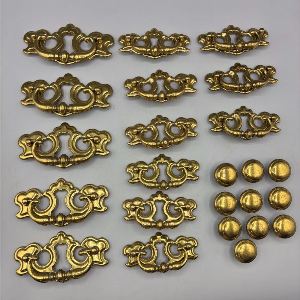 Vtg Brass Gold Tone Drawer‎ Pulls Knobs 24 Pc Dresser Hardware Replacement